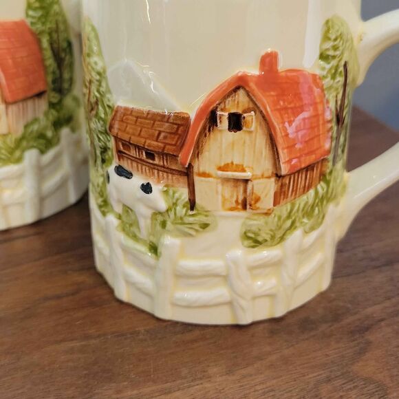 3 Vintage Japan 3D Farm Scene Mugs Barn Cow Fencing - Picture 2 of 10